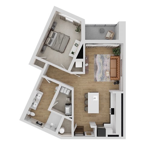 A top-down view of a small apartment layout with a kitchen, living room, and bedroom.